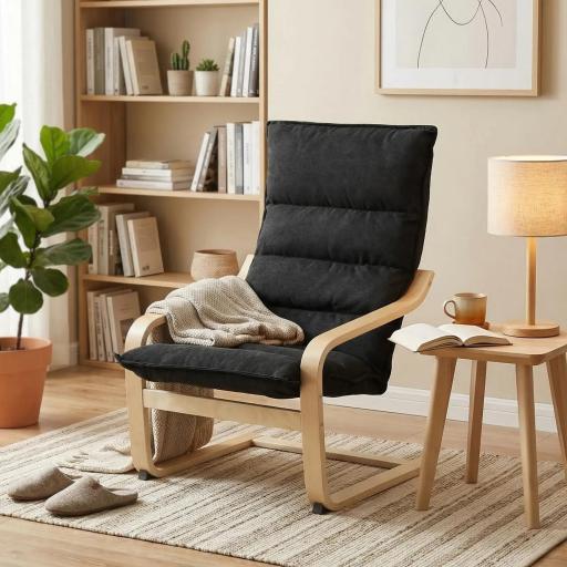 Sillón de Salón Moderno con Respaldo Alto Acolchado Patas de Madera y Tapizado en Terciopelo 67x83x105 cm Negro [6]