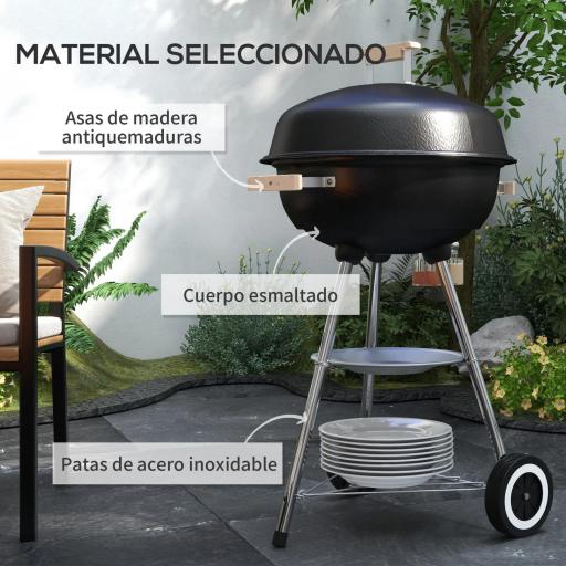 Barbacoa de Carbón Vegetal con Ruedas Parilla de Carbón BBQ Portátil Tapa y Tazón Esmaltados Mangos de Madera 48x56x94 cm para Jardín Exterior Picnic Acampada [6]