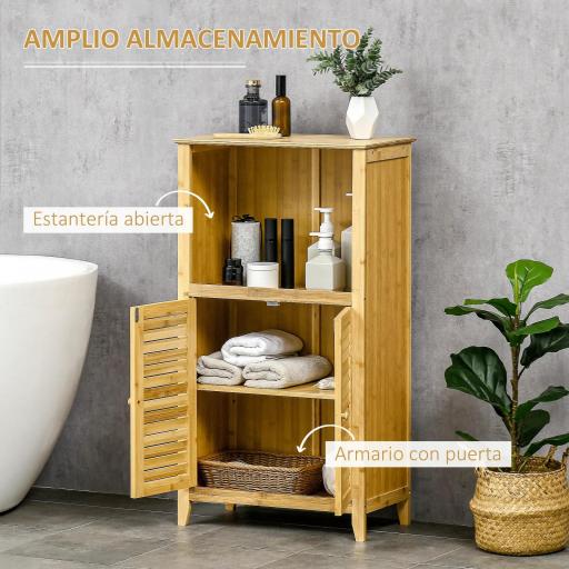 Armario Auxiliar de Baño de Bambú con 2 Puertas Compartimiento Abierto y Estante Ajustable 50x25,5x92 cm Natural [6]