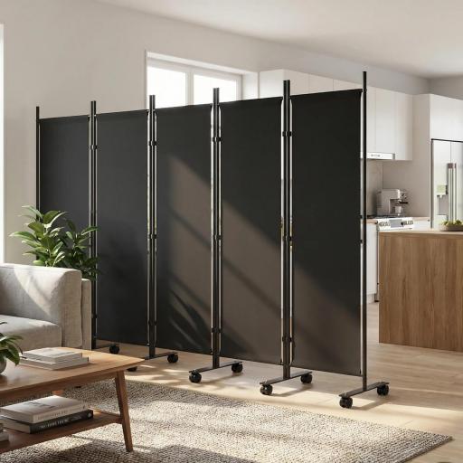 Biombo Plegable de 5 Paneles con 12 Ruedas 252x170 cm Biombo Separador de Ambientes Modulable Negro [6]