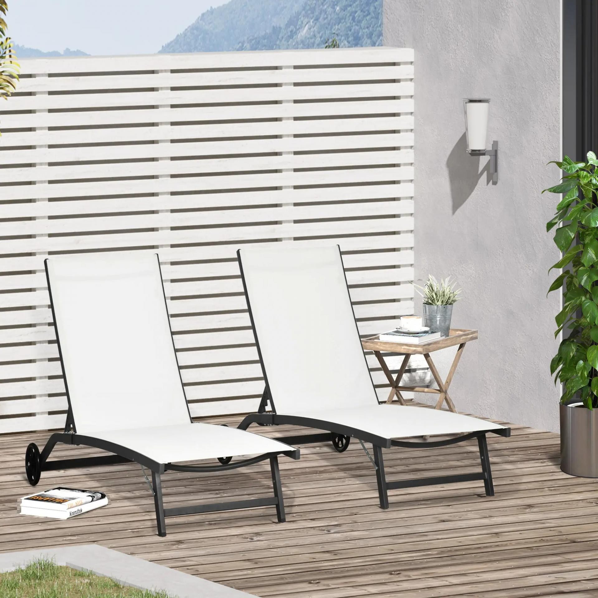 Juego de 2 Tumbonas Reclinables de Jardín de Aluminio con Respaldo Ajustable y Ruedas 165x66x102 cm Blanco Mate