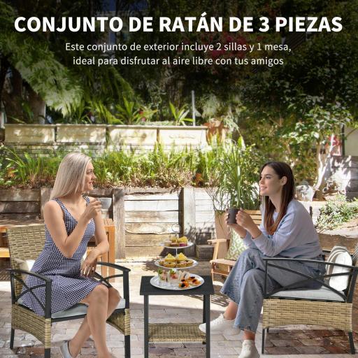 Conjunto Mesa y 2 Sillas de Jardín de Ratán Sintético con 2 Cojines Decorativos 46x46x48 cm y 59x71x80 cm Marrón [2]