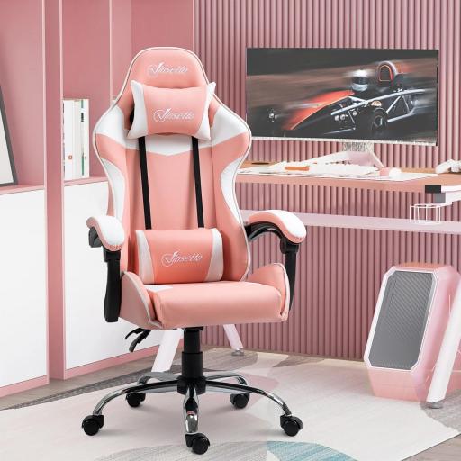 Silla Gaming Silla de Escritorio Reclinable 135° Reposacabezas y Cojín Lumbar 63x67x122-130 cm Rosa