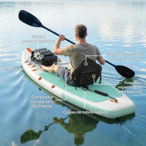 Tabla Paddle Surf Hinchable SUP Extra Largo de 335 cm con Asiento Remo Convertible Aletas Bomba y Mochila Carga 180 kg [3]
