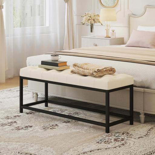 Banco Pie de Cama Tapizado en Terciopelo Diseño Capitoné Base de Metal para Dormitorio Entrada Salón Crema