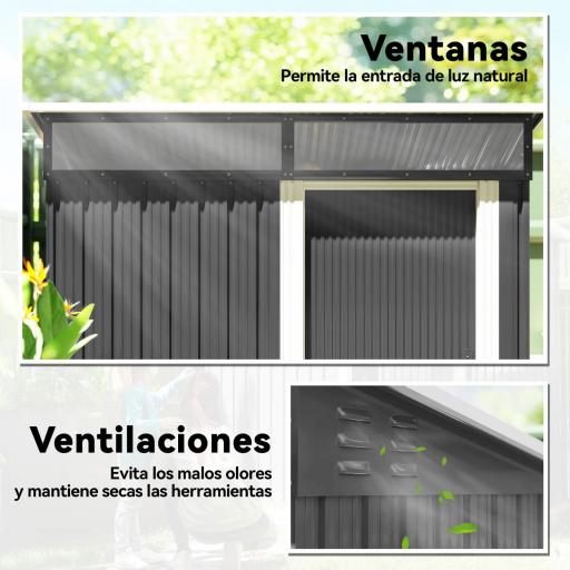 Caseta de Jardín Metálica con Puerta Corredera Ventanas y Ventilación para Almacenaje Exterior 195x122x159/182 cm Gris [5]