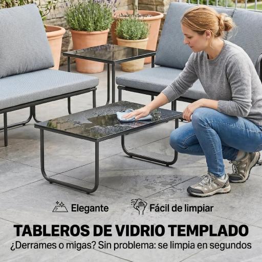 Conjunto Jardín Exterior de 4 Piezas con 2 Sofás 2 Plazas 2 Mesas de Vidrio Cojines Fundas Extraíbles y Bolsillos Gris [7]