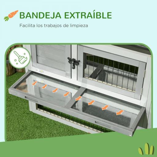 Conejera Exterior de Madera 150x52x68 cm Jaula para Conejos Grande con Techo Abatible Bandeja Extraíble y Rampa Gris [3]