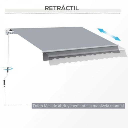 Toldo Manual Retráctil 3x2,5 cm, Toldo Exterior Terraza con Ángulo Ajustable, Brazo Articulado, Montaje a Pared, Estructura de Aluminio, Anti-UV e Impermeable, para Jardín, Gris [4]