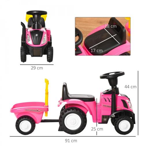 Tractor sin Pedales para Niños de 12-36 Meses con Remolque Extraíble Coche Correpasillos con Bocina Faros Pala Asiento de Suelo 25 cm y Rastrillo Carga 25 kg 91x29x44 cm Rosa [1]