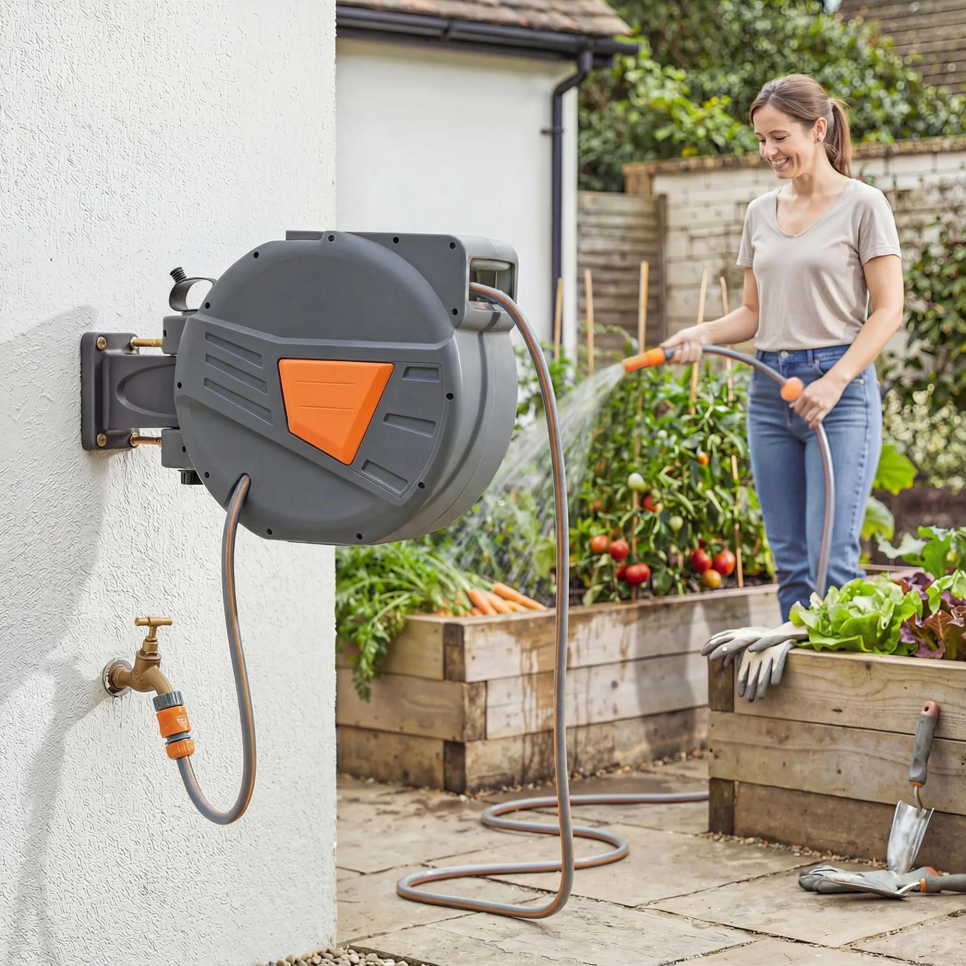 Carrete de Manguera Retráctil 20+1,6 m con Boquilla de 2 Modos Bloqueo Automático Retracción Controlada Soporte Naranja