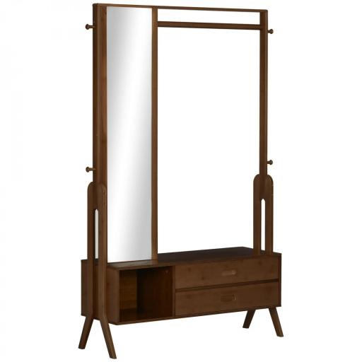Perchero de Bambú con Banco Espejo 2 Cajones 4 Ganchos Barra y Compartimiento de Almacenaje 113x33x169,5cm Marrón [9]
