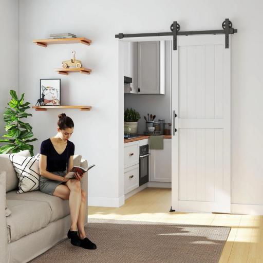 Puerta Corredera de Granero con Herrajes Manija Rodillo y Guía de Suelo Mejorados para Baño Salón 71,5x213,4 cm Blanco