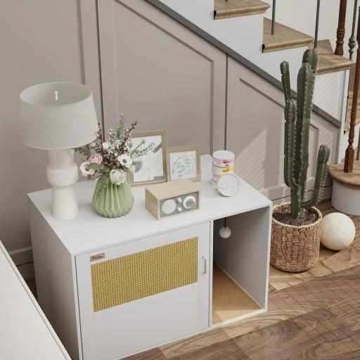 Mueble Arenero para Gatos Arenero para Gatos con Almohadilla para Rascar y Puerta de Ratán 80x50x50 cm Blanco [7]