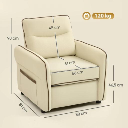 Butaca de Salón Tapizada en Cuero Sintético Sillón Relax con Reposabrazos Acolchado Grueso para Dormitorio Beige [1]