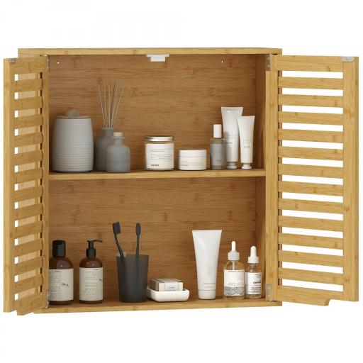 Armario de Baño de Pared de Bambú Mueble de Baño Colgante con Estante Ajustable Puertas de Lamas Natural [10]