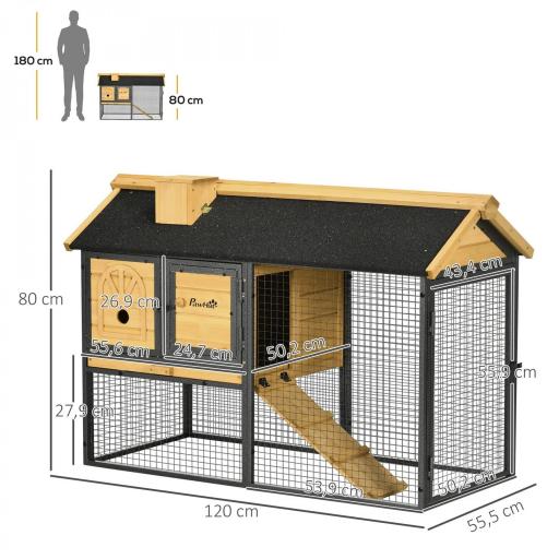 Conejera de Madera de 2 Niveles con Zona Abierta Techo Asfáltico y Bandeja Extraíble 120x55,5x80 cm Natural y Negro [1]