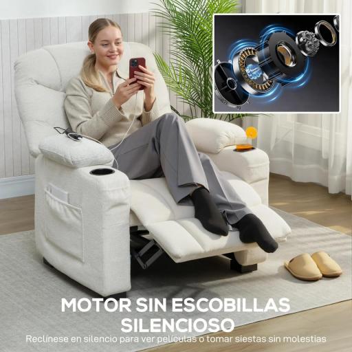 Sillón Relax Reclinable Eléctrico Silencioso con Función Memoria Reposapiés Mando a Distancia Bolsillos Laterales Crema [2]