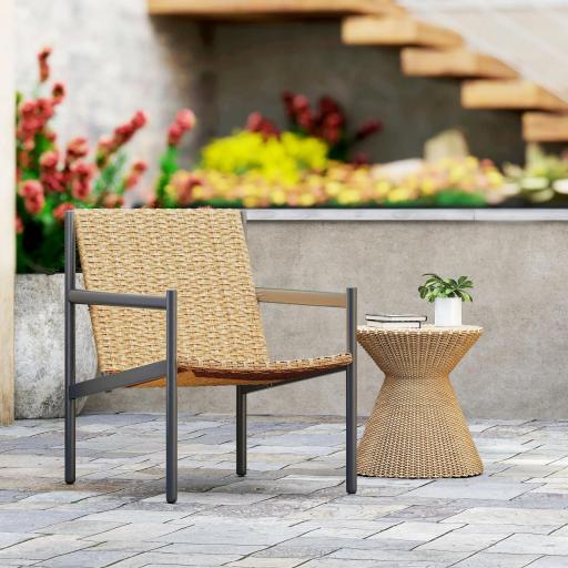 Silla de Ratán de Jardín para Exterior con Reposabrazos Estructura de Acero y Respaldo Inclinado 74x61x81 cm Natural [2]
