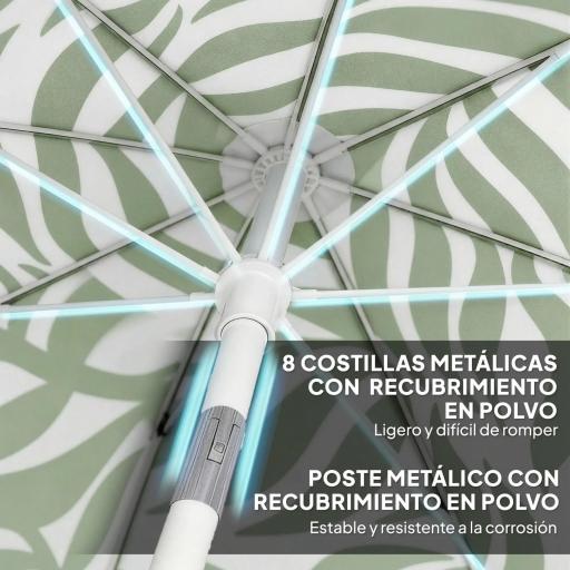 Sombrilla de Playa con Flecos Ø180 cm Altura Ajustable Inclinación Anclaje Arena y Bolsa de Transporte UPF30+ Verde [6]