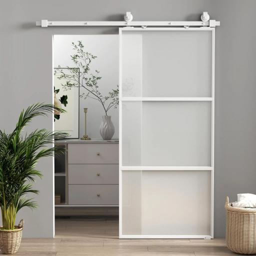 Puerta Corredera de Cristal con Herrajes Mecanismo Cierre Suave para Baño Salón 91,4x203,2 cm Blanco [3]