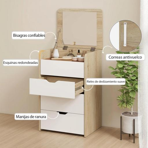  Tocador de Maquillaje 3 en 1 con Taburete Oculto y Espejo Abatible Mesa de Maquillaje de Vidrio Visible Roble y Blanco [8]