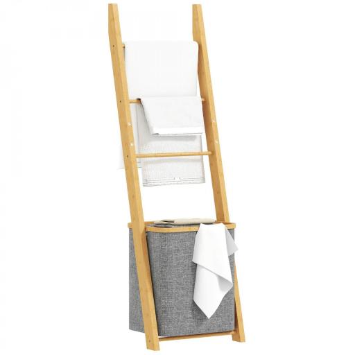 Estantería para Baño de Bambú Toallero de Pie con 3 Barras Cesto para Ropa Sucia Extraíble de 48 L Gris [3]