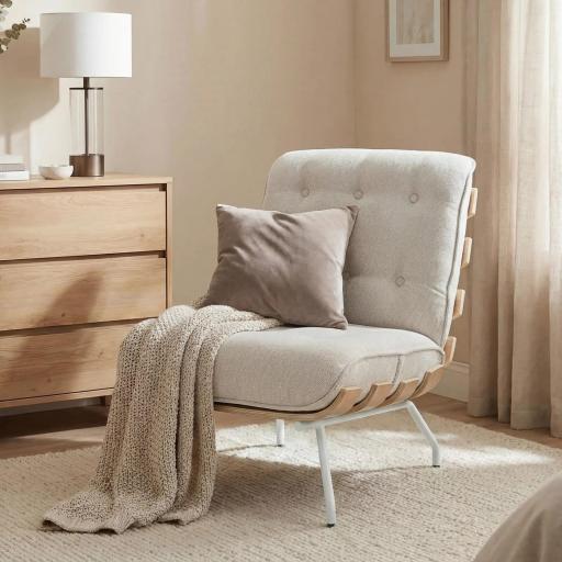 Butaca de Salón Tapizada en Lino con Asiento Acolchado Soporte con Listones Estructura de Acero Crema [3]