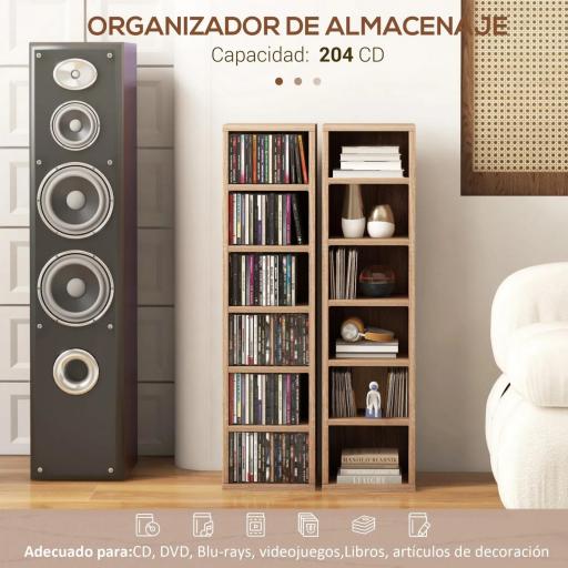  2 Estanterías para CD o DVD con 12 Compartimentos para 204 CDs y Estante Ajustable 21x22,5x88,5 cm Roble [2]