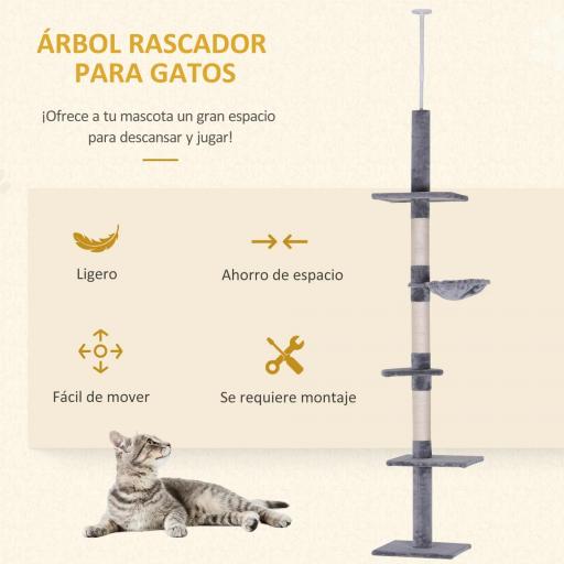 Árbol para Gatos de Suelo al Techo de 230-260 cm con Altura Ajustable Plataformas Hamaca y Postes de Sisal Gris [4]