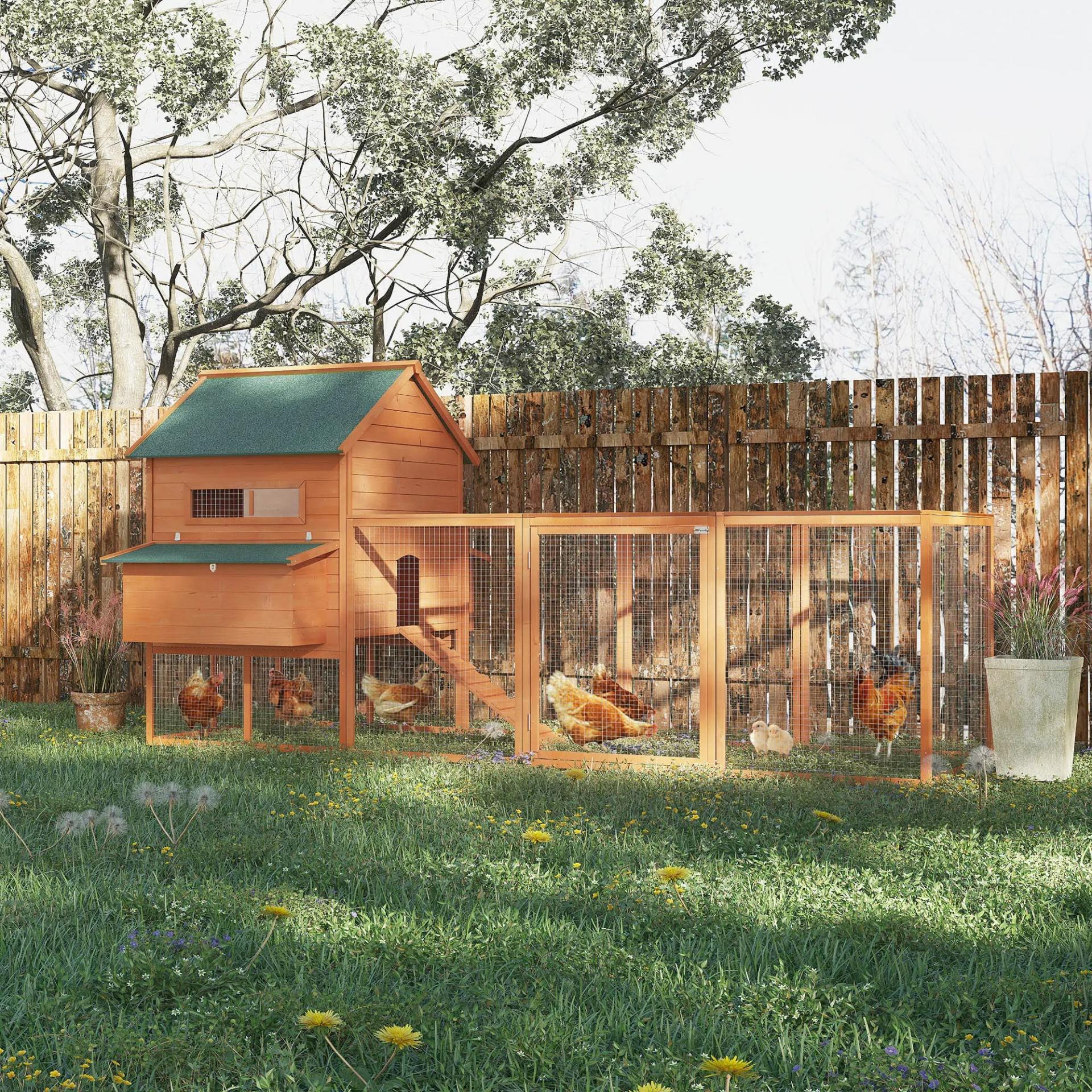Gallinero de Exterior de Madera para 8-10 Gallinas con 2 Nidos Bandeja Extraíble y Rampa 347x160x150 cm Madera natural