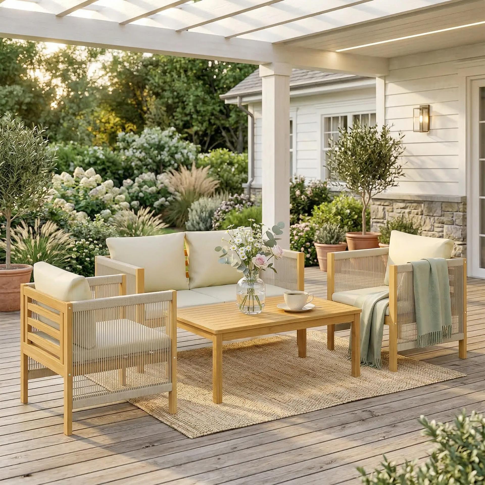 Conjunto de Muebles de Jardín de 4 Piezas con Sofá 2 Plazas 2 Sillones Mesa de Madera Cojines y Cuerda PP Beige