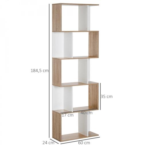 Estantería en Forma de S Alta con 5 Estantes Diseño Moderno para Salón Oficina 60x24x184,5cm Blanco y Madera [1]