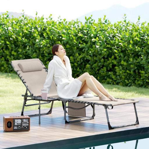 Tumbona Plegable con Respaldo Ajustable Reposacabezas Bolsillo Lateral Bandeja y Estructura de Acero 190x60x31 cm Crema