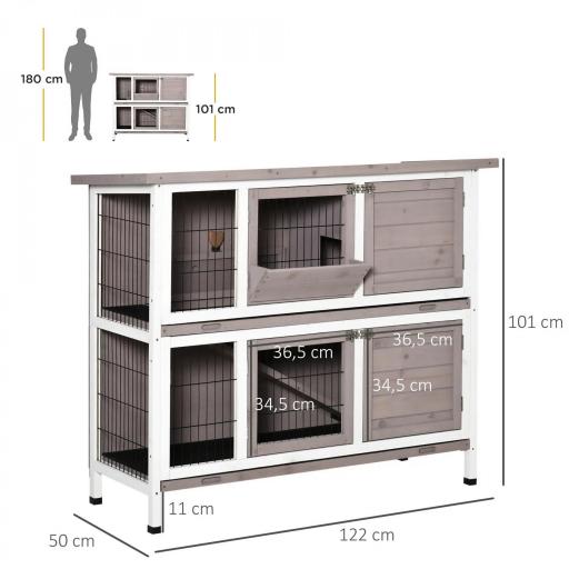 Conejera de Madera Exterior de 2 Niveles Jaula para 1-2 Conejos con Techo Abrible Comedero Bandejas Extraíbles Rampa y Puertas con Cerradura 122x50x101 cm Marrón [1]
