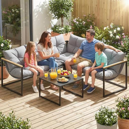 Conjunto de Jardín Exterior con Cojines Gruesos 2 Sofás de 2 Plazas Sofá de Esquina y Mesa de Centro de Vidrio Gris [2]