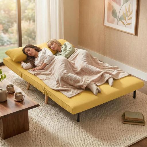 Sofá Cama de 2 Plazas Plegable Sofá Cama Tapizado en Lino con Respaldo Ajustable 5 Posiciones 2 Almohadas Amarillo [4]