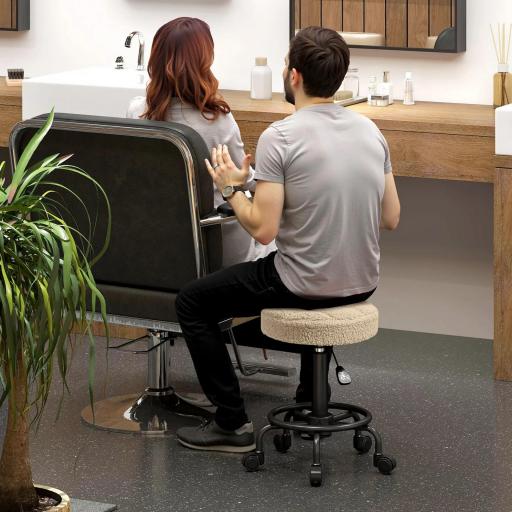 Taburete Giratorio Redondo Taburete con Ruedas Altura Regulable 50-66 cm Asiento Tapizado en Tejido de Borreguito Marrón [4]