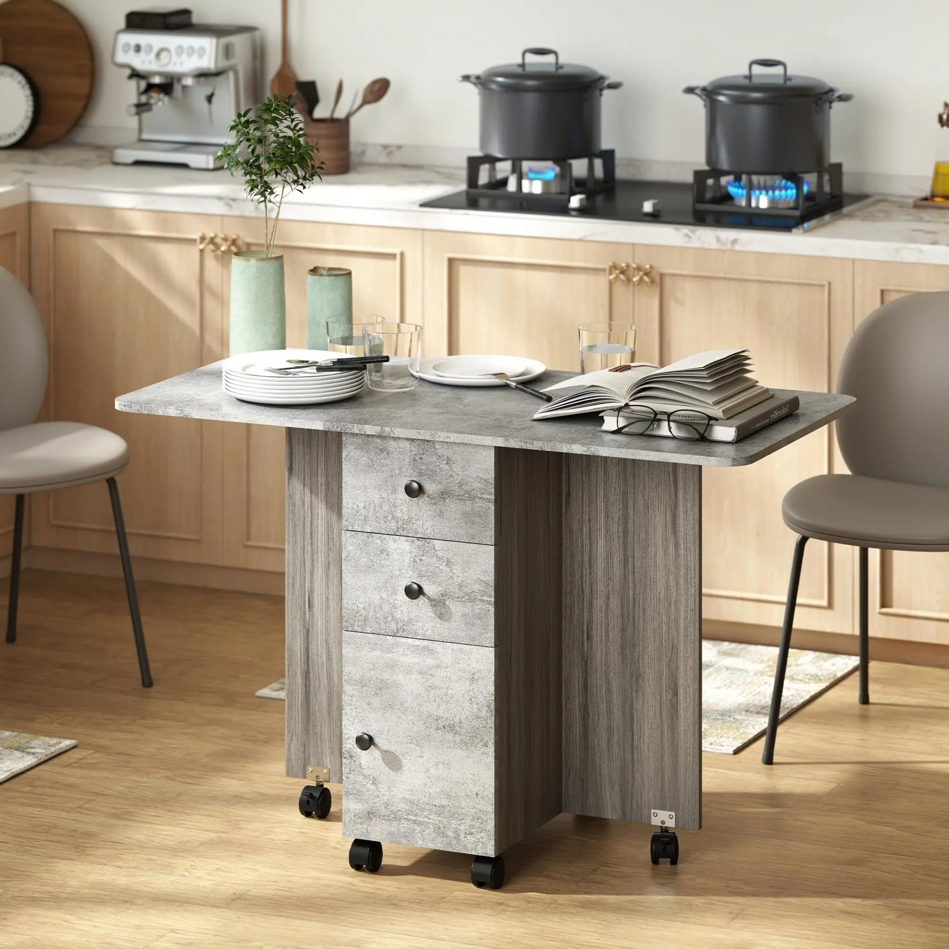 Mesa Plegable de Comedor con Ruedas Alas Abatibles 2 Cajones y Armario Hasta 6 Personas 120x60x76,5 cm Gris