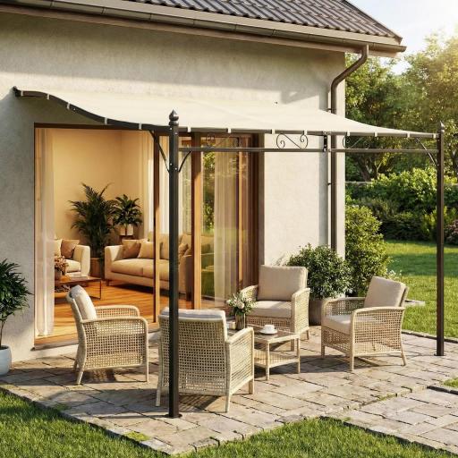 Pérgola de Pared 2,5x3,5 m con Techo Inclinado Orificios de Drenaje y Estructura Metálica Blanco Crema [7]