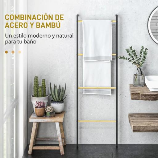 Toallero Apoyado en la Pared Toallero de Baño con 4 Barras de Bambú y Marco de Acero 49x5,5x167,5 cm Negro y Natural [2]