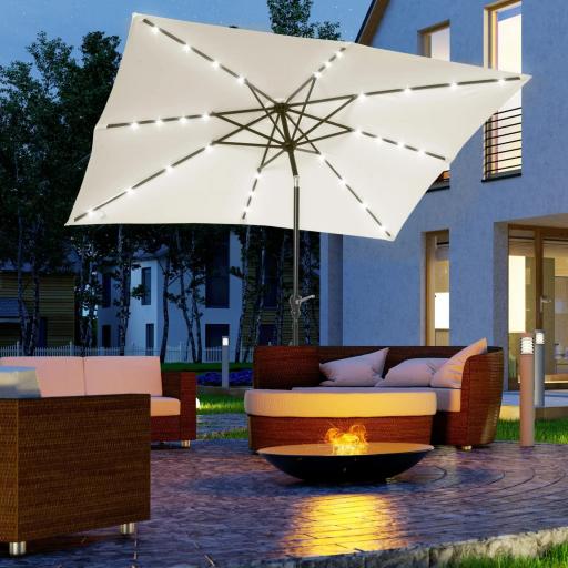 Parasol de Terraza Exterior 268x205x248 cm con Techo Inclinable hasta 45° Luces LED Solares y Manivela Blanco Crema