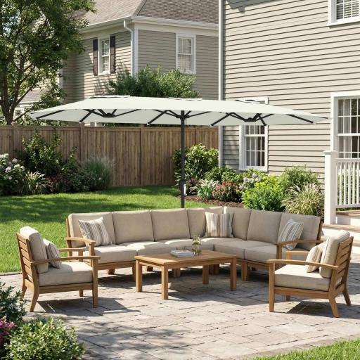 Sombrilla Doble de Jardín 4,6x2,6 m con Manivela Manual Protección UV50+ Funda Resistente al Agua Blanco Crema