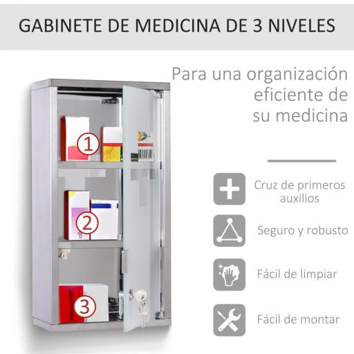 Armario de Medicinas Botiquín Gabinete de Primero Auxilios Acero Inox 3 Estantes Caja Colgante de Pared con Cerradura 25x12x48cm [4]