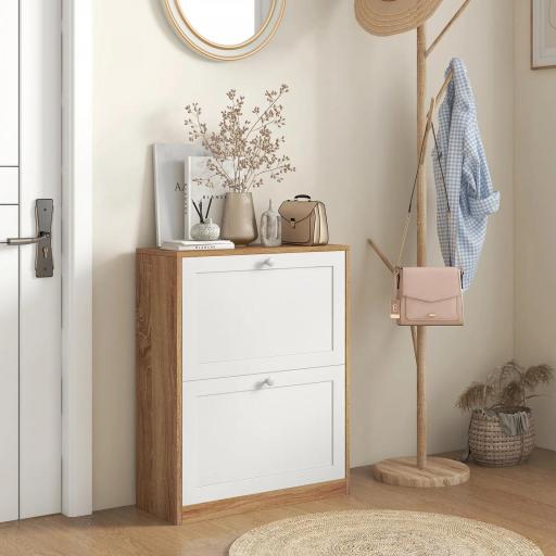 Zapatero Estrecho con 2 Puertas Estantes Ajustables para 12 Pares de Zapatos 60x24,5x75,5 cm Natural y Blanco [6]