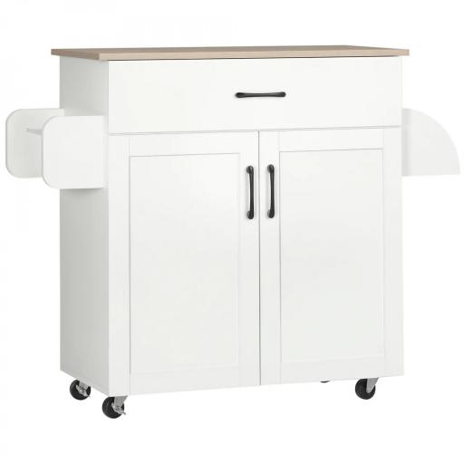 Carro de Cocina con 1 Cajón 2 Puertas Barra de Colgar y Especiero Carrito Auxiliar con Ruedas 105x36x85 cm Blanco [7]