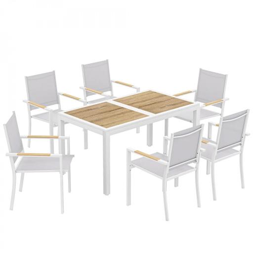 Conjunto de Mesa y Sillas Jardín con Mesa de Plástico PSPC y 6 Sillas Apilables Transpirables para Terraza Patio Blanco [8]