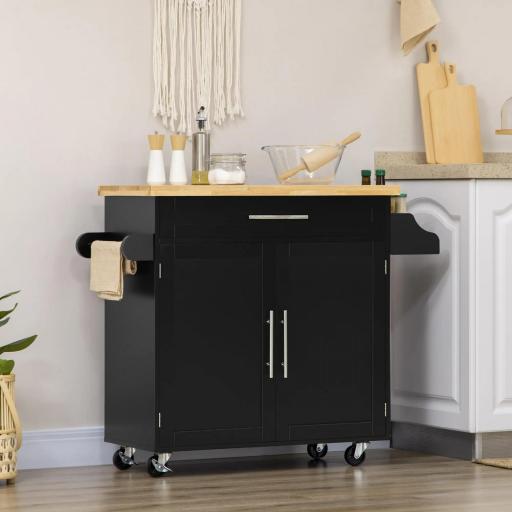 Carrito de Cocina con Armario con Puertas y Estante Interior Ajustable Cajón Barra y Especiero Móvil Aparador Auxiliar con Ruedas para Comedor 109x40x89 cm Negro