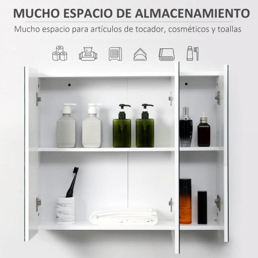 Mueble de Baño con Espejo Mueble de Pared para Baño con 3 Puertas y Estantes Internos Ajustables 70x15x60cm Blanco [2]