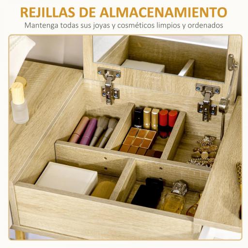 Tocador de Maquillaje con Espejo Abatible 100 cm Mesa de Maquillaje con Taburete Acolchado Cojín Suave Compartimentos y Cajones Patas de Madera Maciza Color Natural [3]